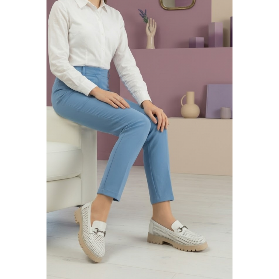 Loafer Ayakkabı Beyaz Hakiki Deri Zincir Toka
