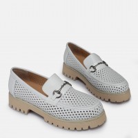 Loafer Ayakkabı Beyaz Hakiki Deri Zincir Toka