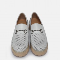 Loafer Ayakkabı Beyaz Hakiki Deri Zincir Toka