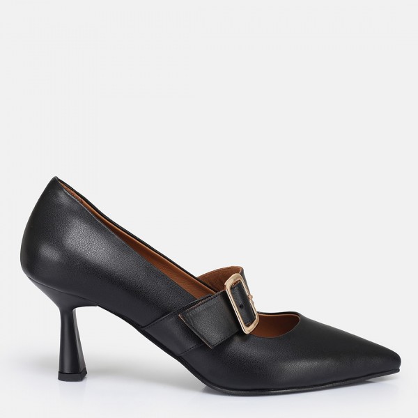 Stiletto Siyah Hakiki Deri Kemerli
