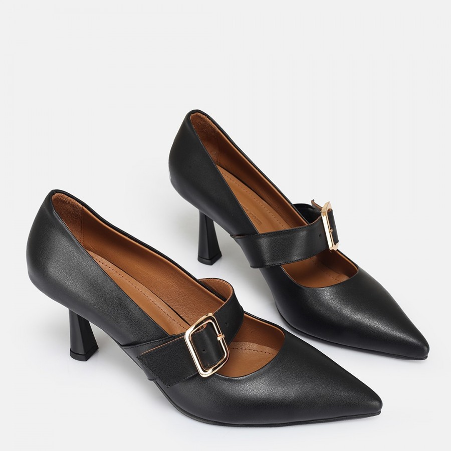 Stiletto Siyah Hakiki Deri Kemerli