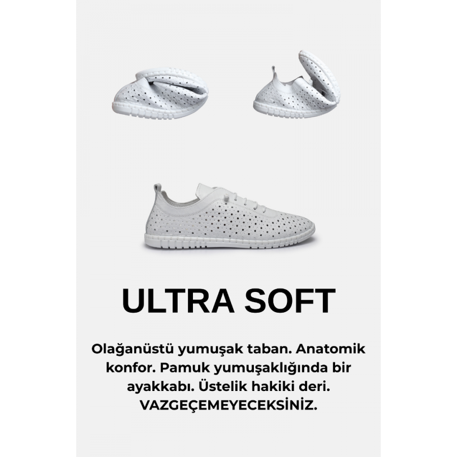 Spor Ayakkabı Hakiki Deri Beyaz Delikli