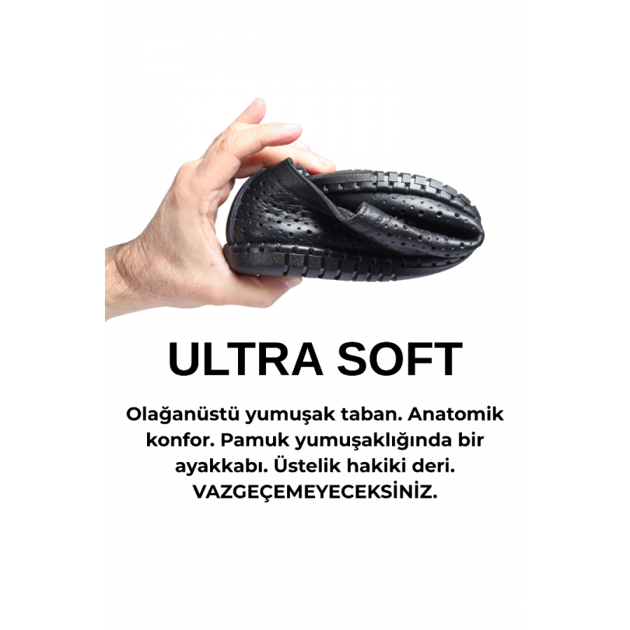 Spor Ayakkabı Hakiki Deri Siyah Delikli
