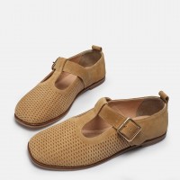Düz Ayakkabı Camel Hakiki Deri Süet Kemerli