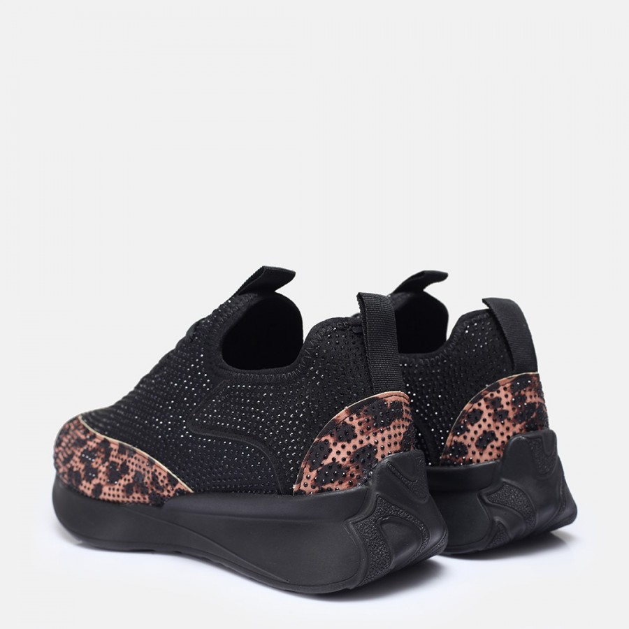 Spor Ayakkabı Leopar Siyah Taşlı Streç