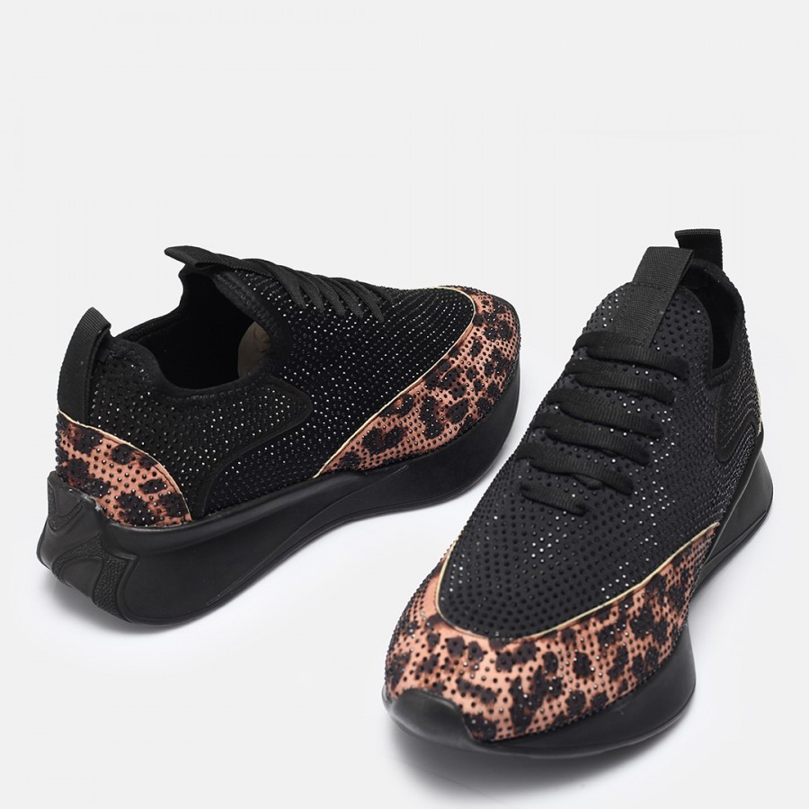 Spor Ayakkabı Leopar Siyah Taşlı Streç