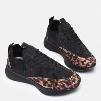 Spor Ayakkabı Leopar Siyah Taşlı Streç