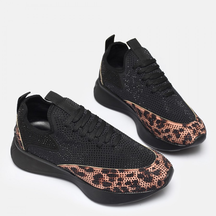 Spor Ayakkabı Leopar Siyah Taşlı Streç
