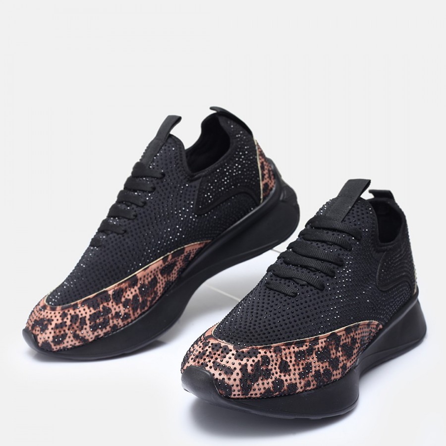 Spor Ayakkabı Leopar Siyah Taşlı Streç