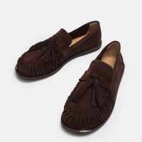 Kahverengi Hakiki Deri Süet Loafer Ayakkabı