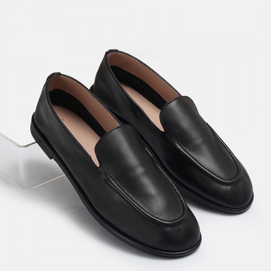 Düz Ayakkabı Loafer Siyah Yumuşak Hakiki Deri
